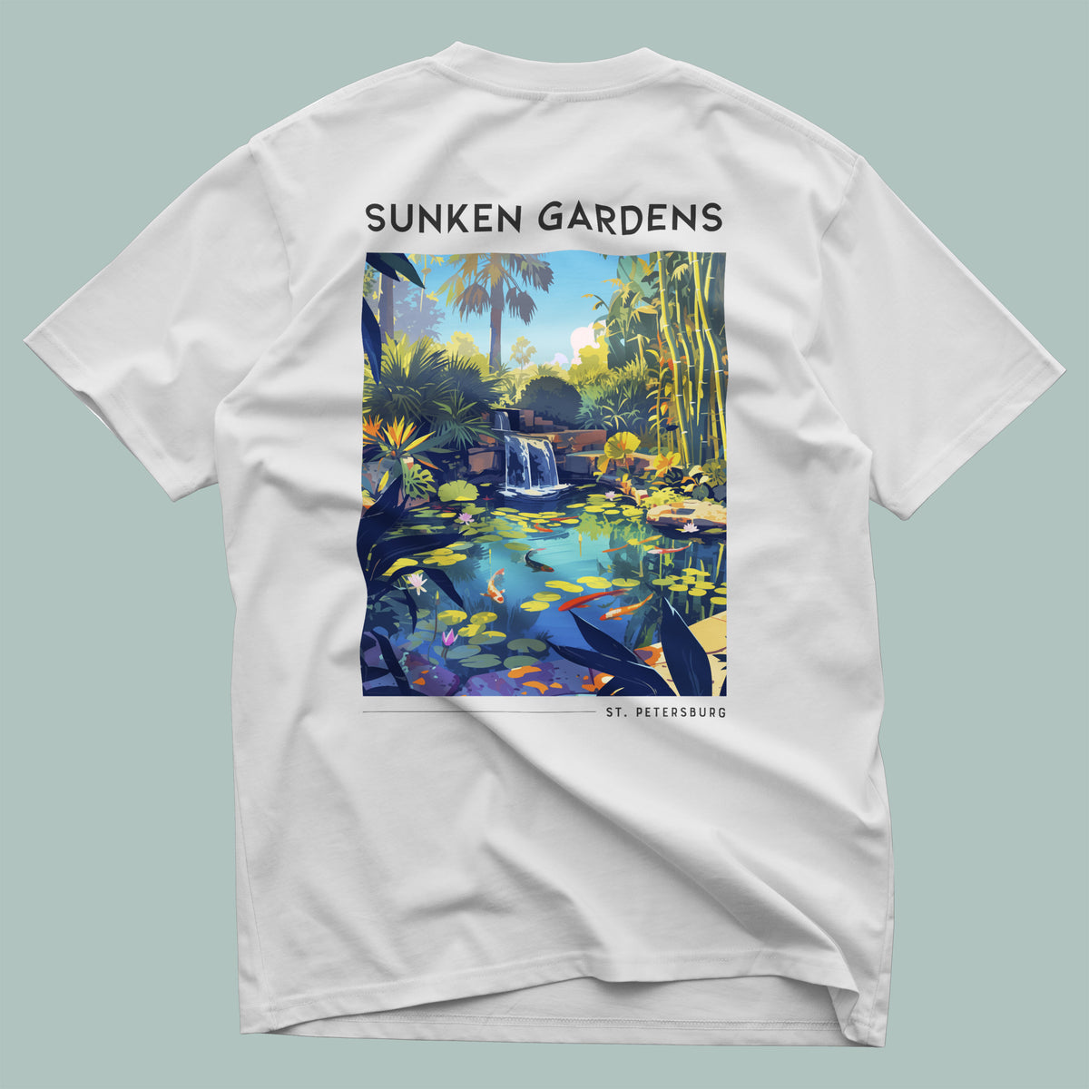 Sunken Gardens Travel T-Shirt | Tropical St. Petersburg Garden Art — design printed on the back of the t-shirt