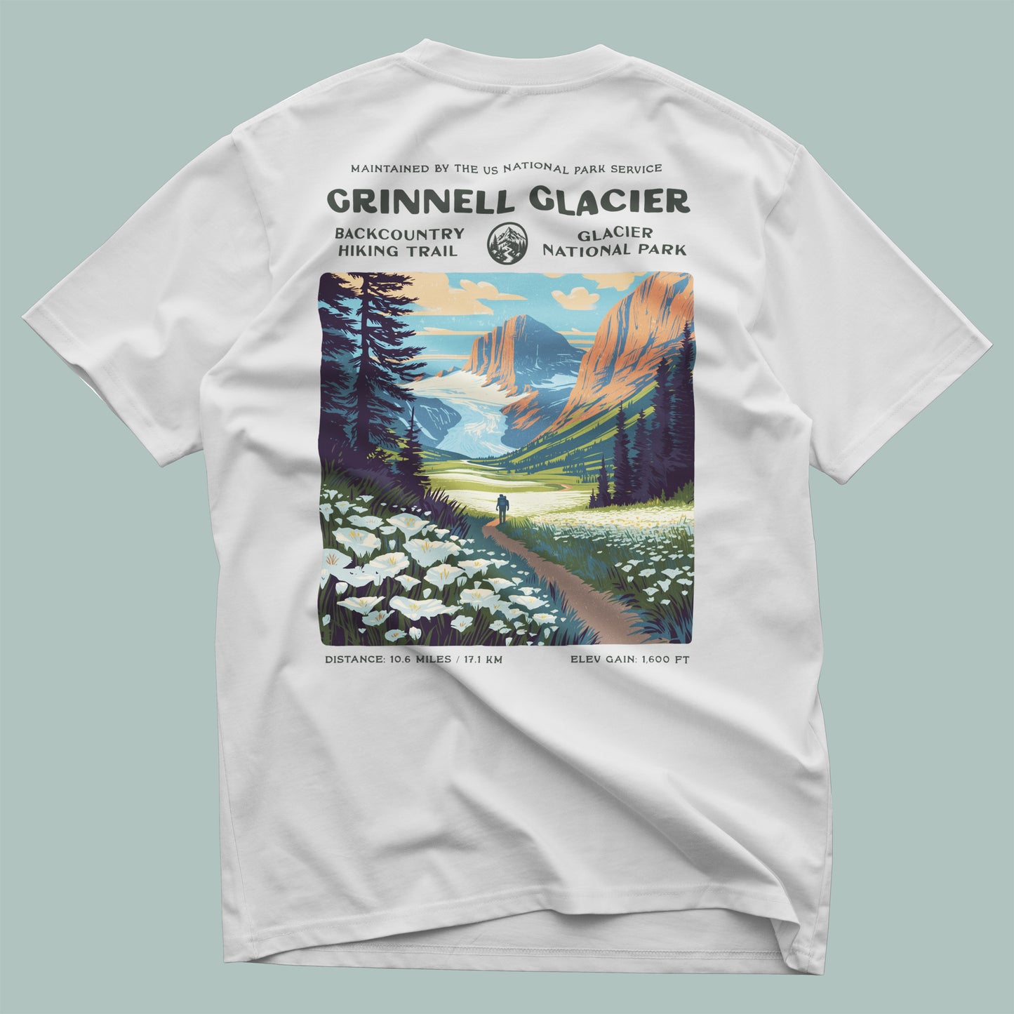 Grinnell Glacier Hiking T-Shirt | Hiker Gift | Glacier National Park Trail Tee — design printed on the back of the t-shirt