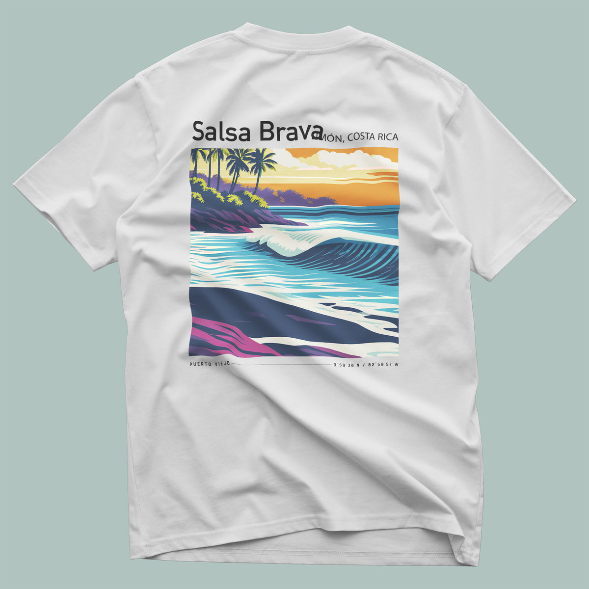 Salsa Brava Surf T-Shirt | Raw Power, Pure Costa Rica — design printed on the back of the t-shirt