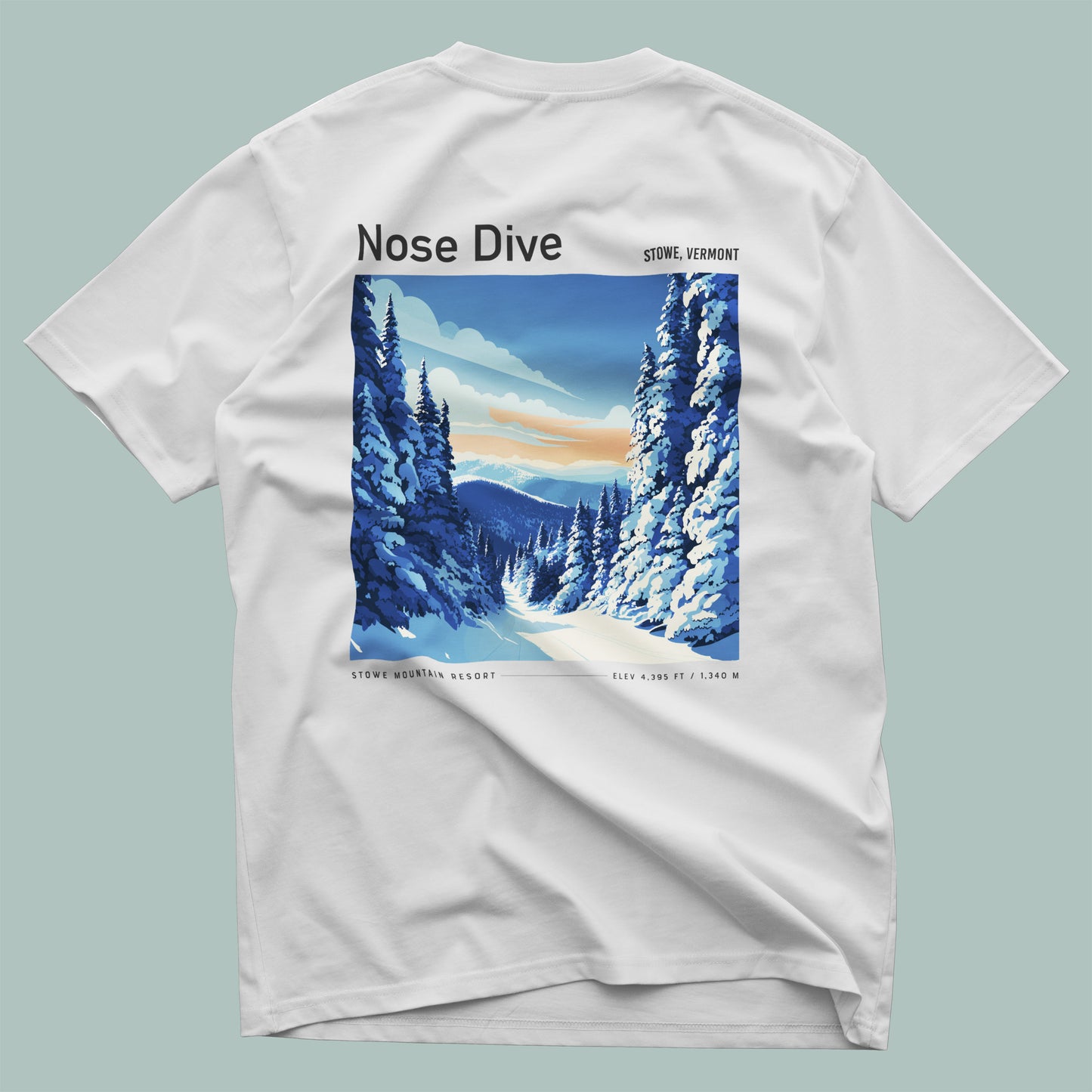 Nose Dive Ski T-Shirt | Stowe Mountain Art Tee — design printed on the back of the t-shirt
