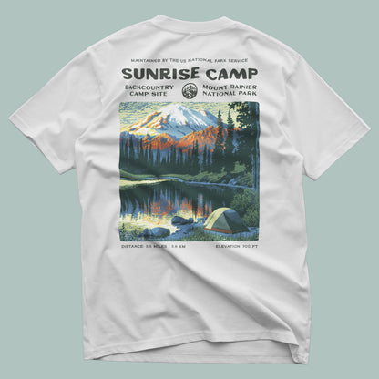 Sunrise Camp Hiking T-Shirt | Camper Gift | Alpine Glow Trail Tee — design printed on the back of the t-shirt