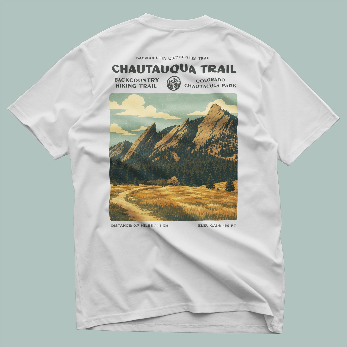 Chautauqua Trail Hiking T-Shirt | Hiker Gift | Boulder Colorado Trail Tee — design printed on the back of the t-shirt