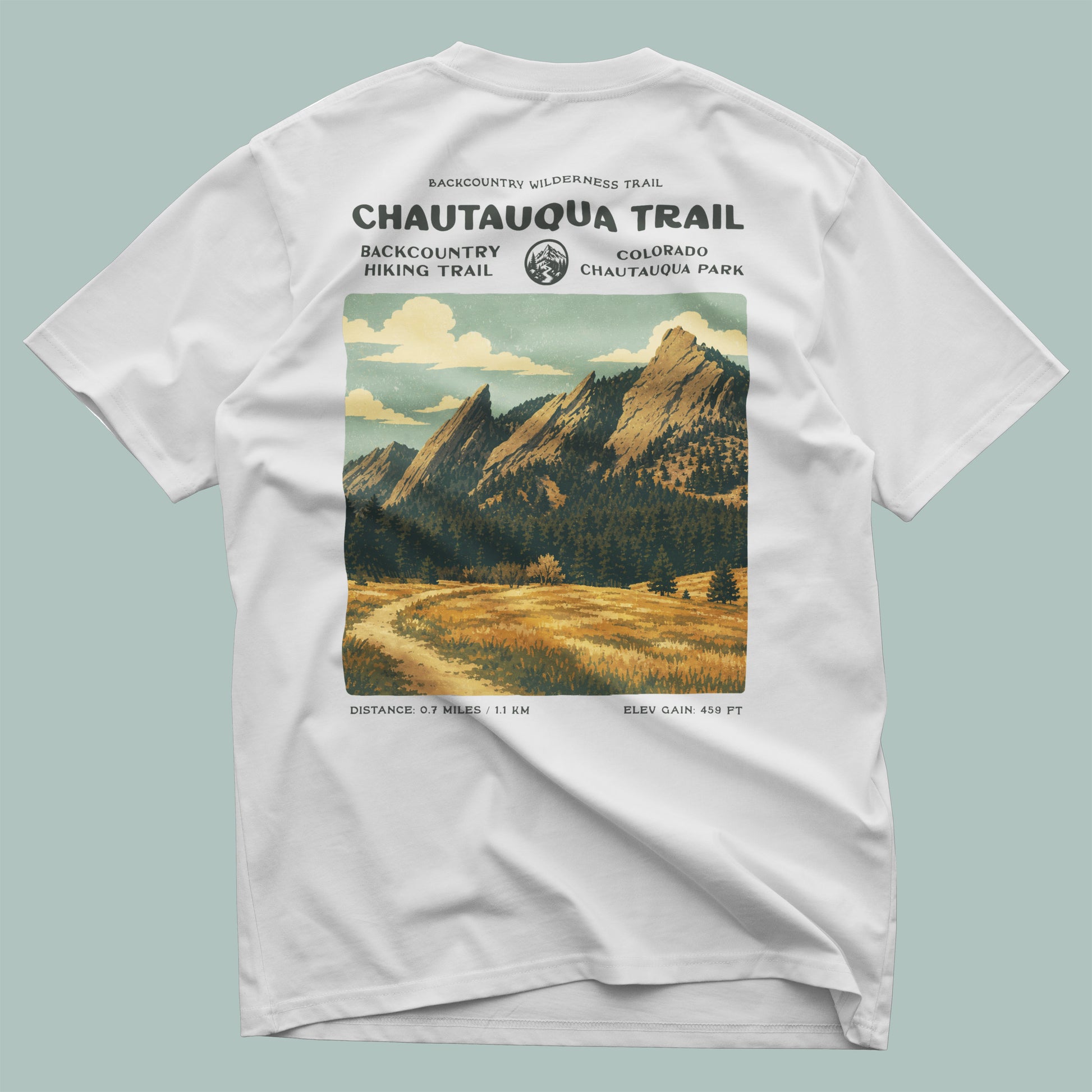 Chautauqua Trail Hiking T-Shirt | Hiker Gift | Boulder Colorado Trail Tee — design printed on the back of the t-shirt
