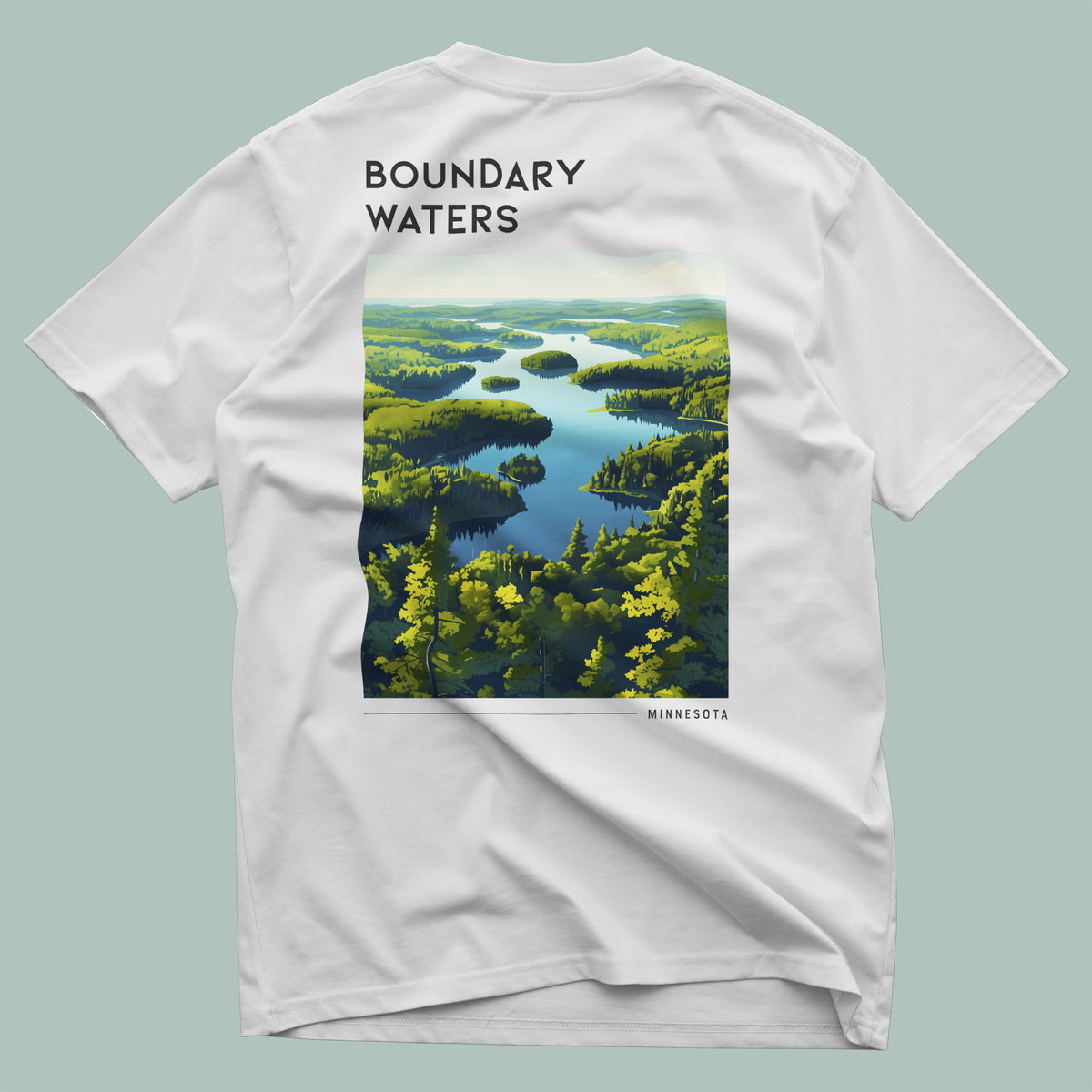 Boundary Waters Travel T-Shirt | Minnesota Wilderness Canoe Country Art — design printed on the back of the t-shirt