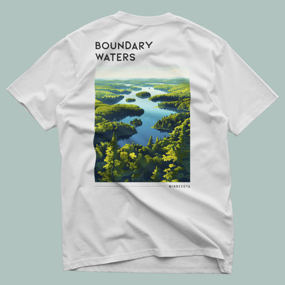 Boundary Waters Travel T-Shirt | Minnesota Wilderness Canoe Country Art — design printed on the back of the t-shirt