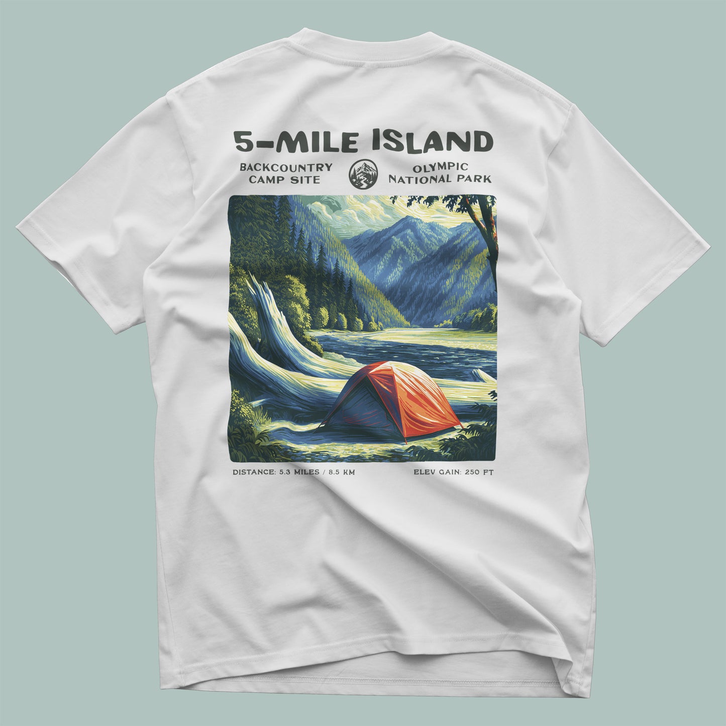 5-Mile Island Hiking T-Shirt | Hiker Gift | Olympic Peninsula Trail Tee — design printed on the back of the t-shirt