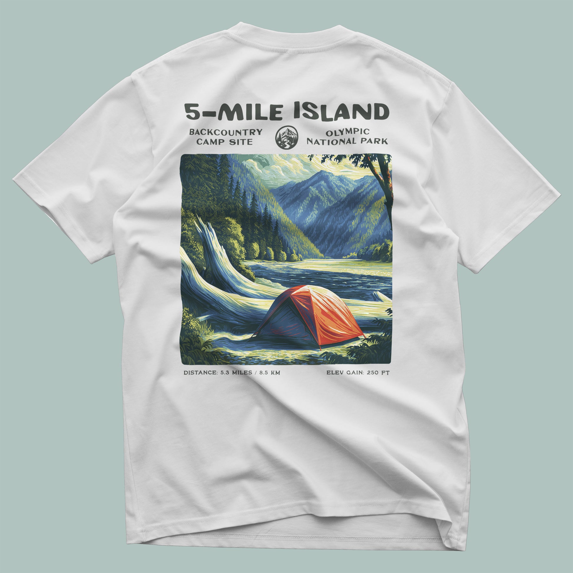 5-Mile Island Hiking T-Shirt | Hiker Gift | Olympic Peninsula Trail Tee — design printed on the back of the t-shirt