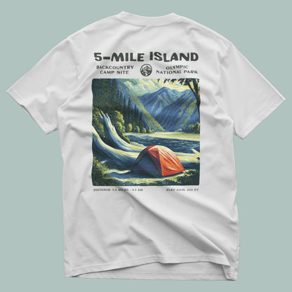5-Mile Island Hiking T-Shirt | Hiker Gift | Olympic Peninsula Trail Tee — design printed on the back of the t-shirt