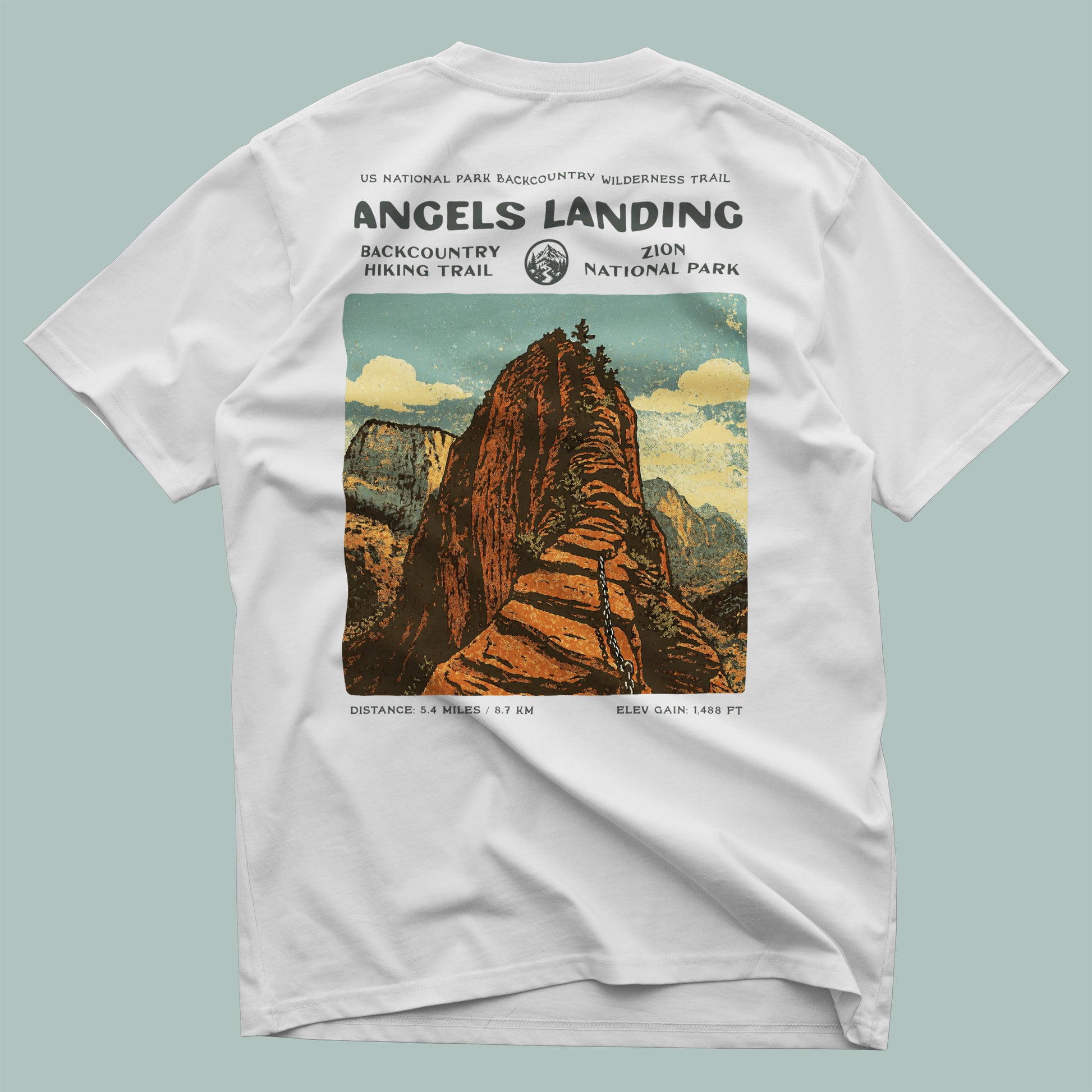 Angels Landing Hiking T-Shirt | Hiker Gift | Zion's Iconic Summit Trail — design printed on the back of the t-shirt