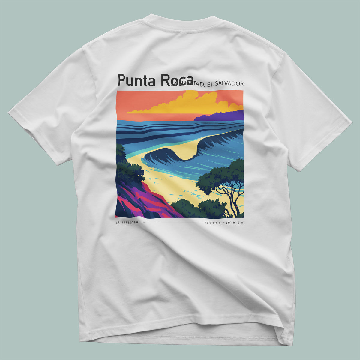 Punta Roca Surf T-Shirt | El Salvador Wave Art Tee — design printed on the back of the t-shirt