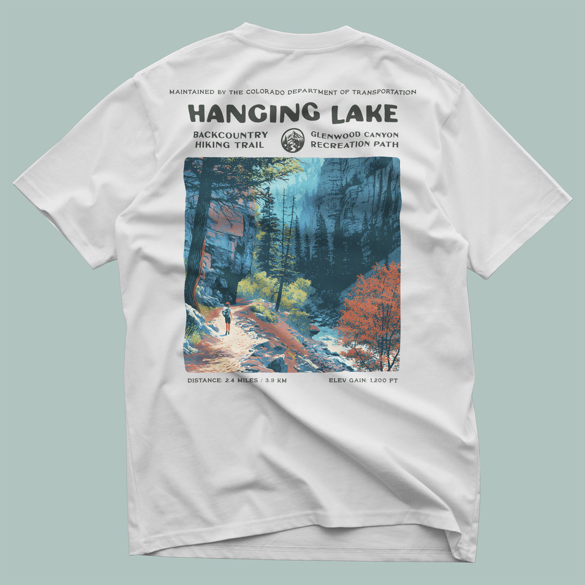 Hanging Lake Hiking T-Shirt | Hiker Gift | Glenwood Canyon Trail Tee — design printed on the back of the t-shirt