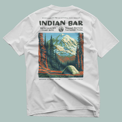 Indian Bar Hiking T-Shirt | Hiker Gift | Wild Rainier Trail Tee — design printed on the back of the t-shirt