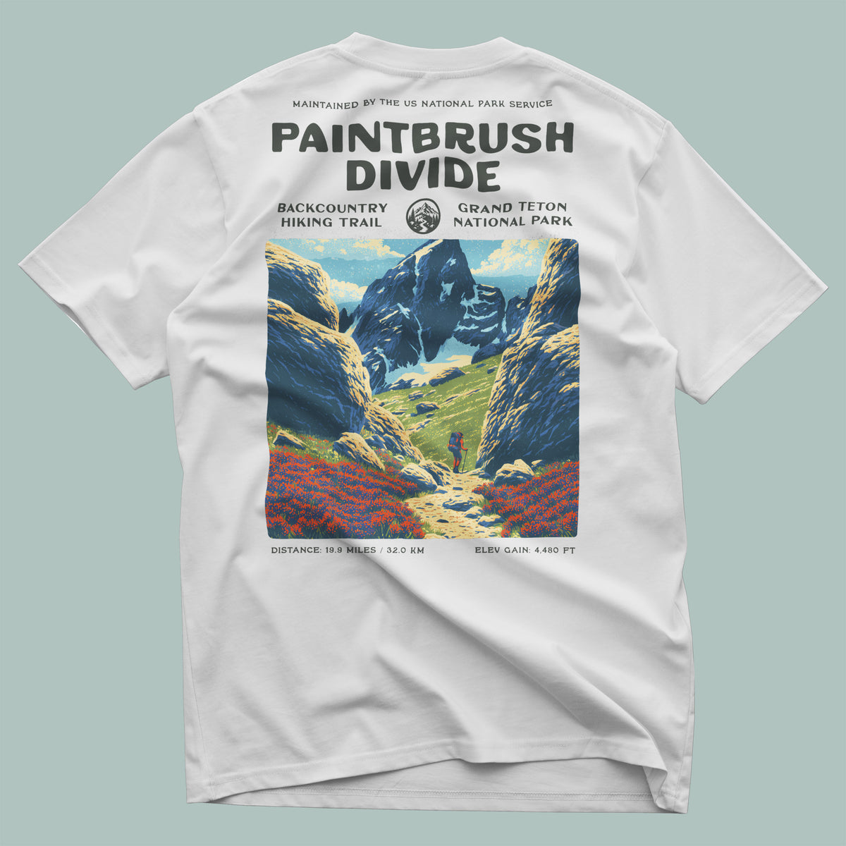 Paintbrush Divide Hiking T-Shirt | Hiker Gift | Teton Backcountry Trail Tee — design printed on the back of the t-shirt