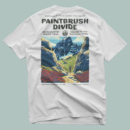 Paintbrush Divide Hiking T-Shirt | Hiker Gift | Teton Backcountry Trail Tee — design printed on the back of the t-shirt