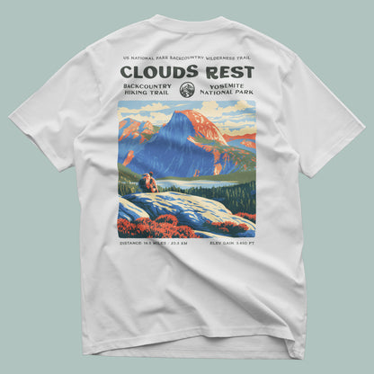 Clouds Rest Hiking T-Shirt | Hiker Gift | Above Yosemite Valley Tee — design printed on the back of the t-shirt