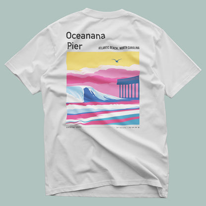 Oceanana Pier Surf T-Shirt | Carolina Coast Wave Tee — design printed on the back of the t-shirt
