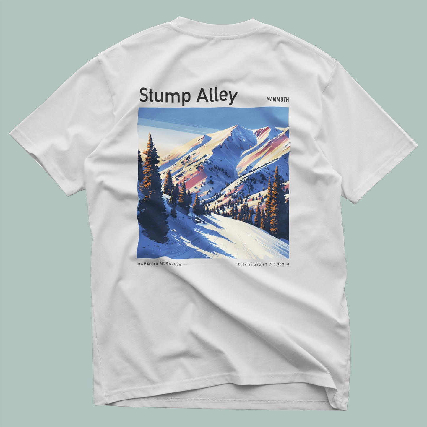 Stump Alley Ski T-Shirt | Mammoth Mountain Art Tee — design printed on the back of the t-shirt