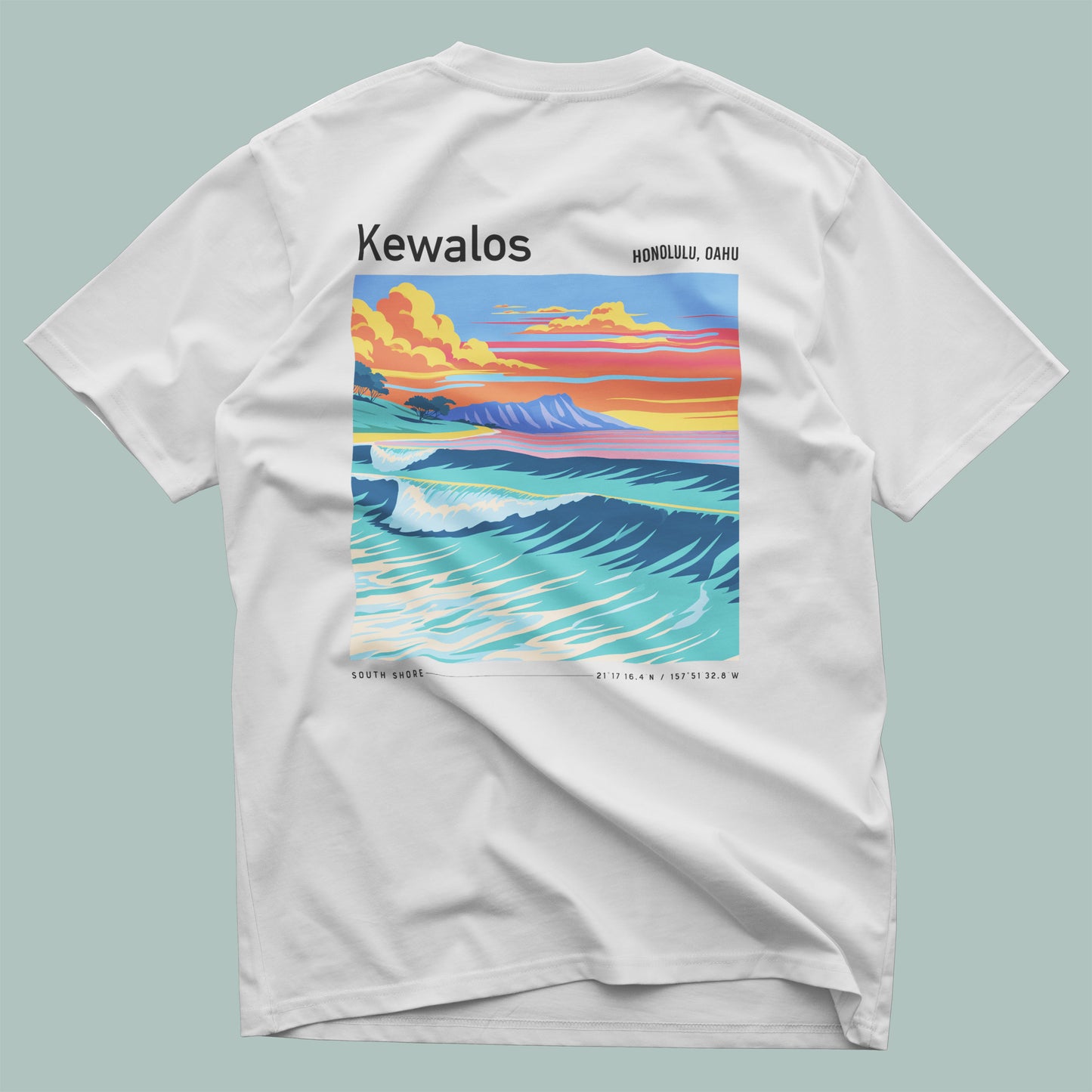Kewalos Surf T-Shirt | Honolulu Break Wave Art Tee — design printed on the back of the t-shirt