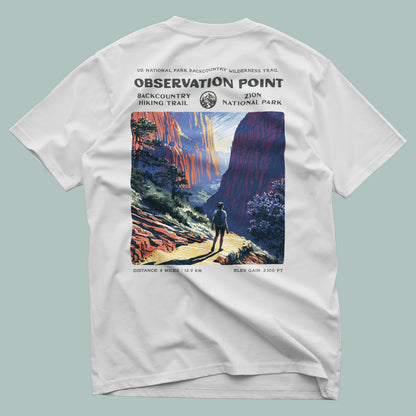 Observation Point Hiking T-Shirt | Hiker Gift | Zion Canyon Trail Tee — design printed on the back of the t-shirt