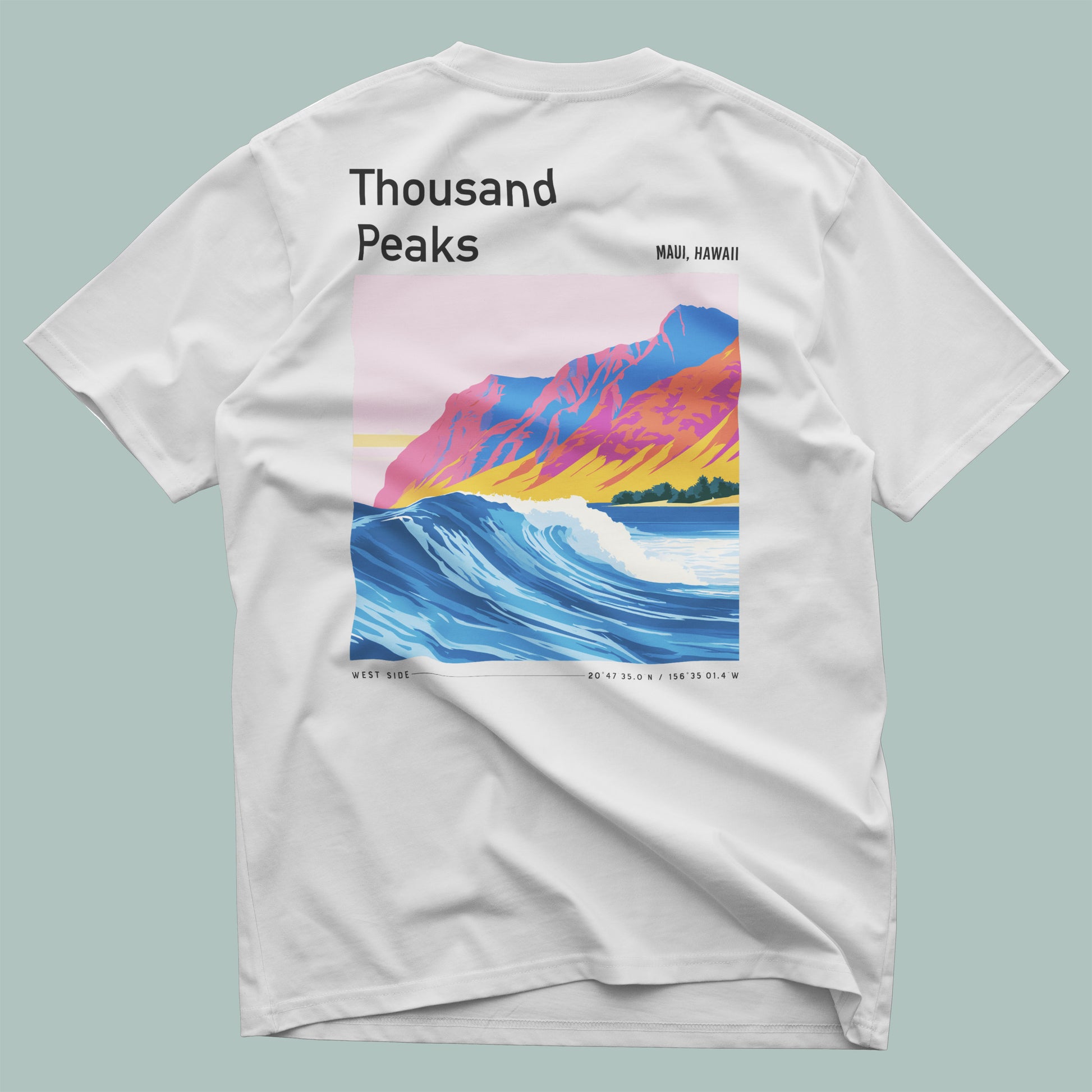 Thousand Peaks Surf T-Shirt | Hawaii Wave Art Tee — design printed on the back of the t-shirt