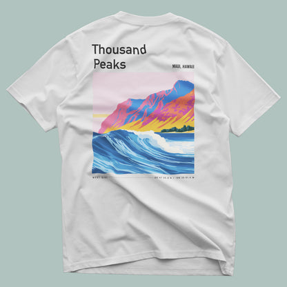 Thousand Peaks Surf T-Shirt | Hawaii Wave Art Tee — design printed on the back of the t-shirt