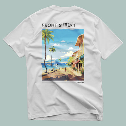 Front Street, Lahaina Travel T-Shirt | Old Maui Town Art Tee — design printed on the back of the t-shirt