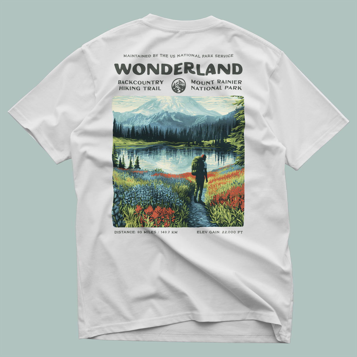 Wonderland Trail Hiking T-Shirt | Hiker Gift | Around Rainier Trail Tee — design printed on the back of the t-shirt