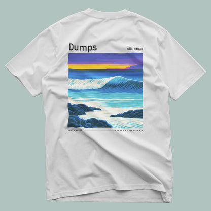Dumps Surf T-Shirt | Raw Hawaiian Wave Art Tee — design printed on the back of the t-shirt