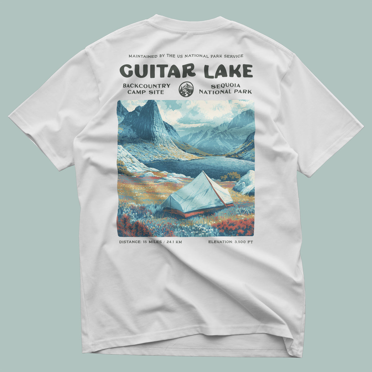 Guitar Lake Hiking T-Shirt | Backpacker Gift | High Sierra Wilderness Tee — design printed on the back of the t-shirt