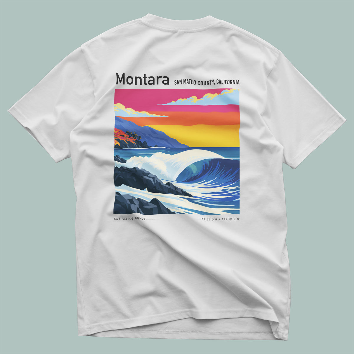 Montara Surf T-Shirt | Rugged California Coast Wave Tee — design printed on the back of the t-shirt