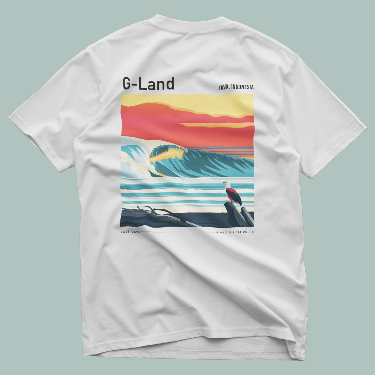 G-Land, Java Surf T-Shirt | Legendary Indonesian Wave Art — design printed on the back of the t-shirt