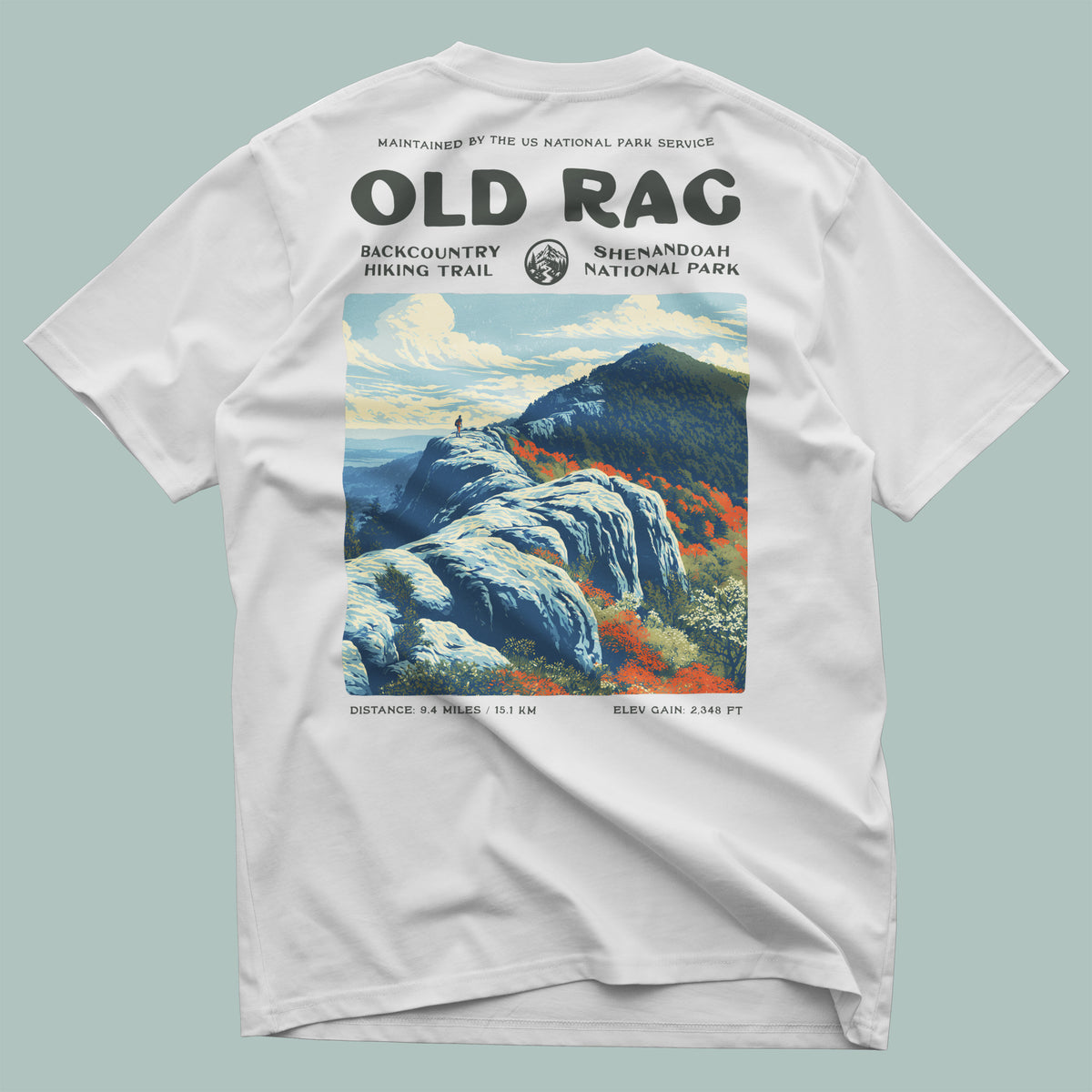 Old Rag Hiking T-Shirt | Hiker Gift | Shenandoah Trail Tee — design printed on the back of the t-shirt