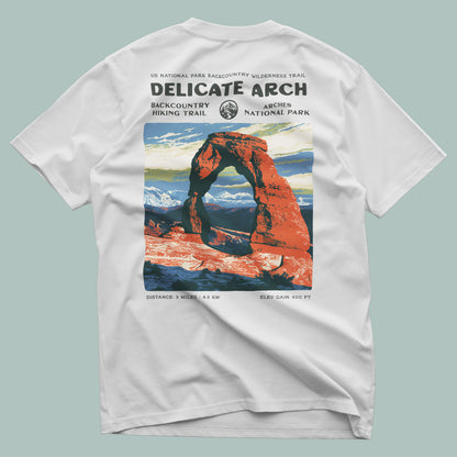 Delicate Arch Hiking T-Shirt | Hiker Gift | Red Rock Trail Tee — design printed on the back of the t-shirt