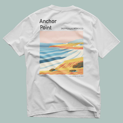Anchor Point Surf T-Shirt | Moroccan Barrels Wave Art Tee — design printed on the back of the t-shirt