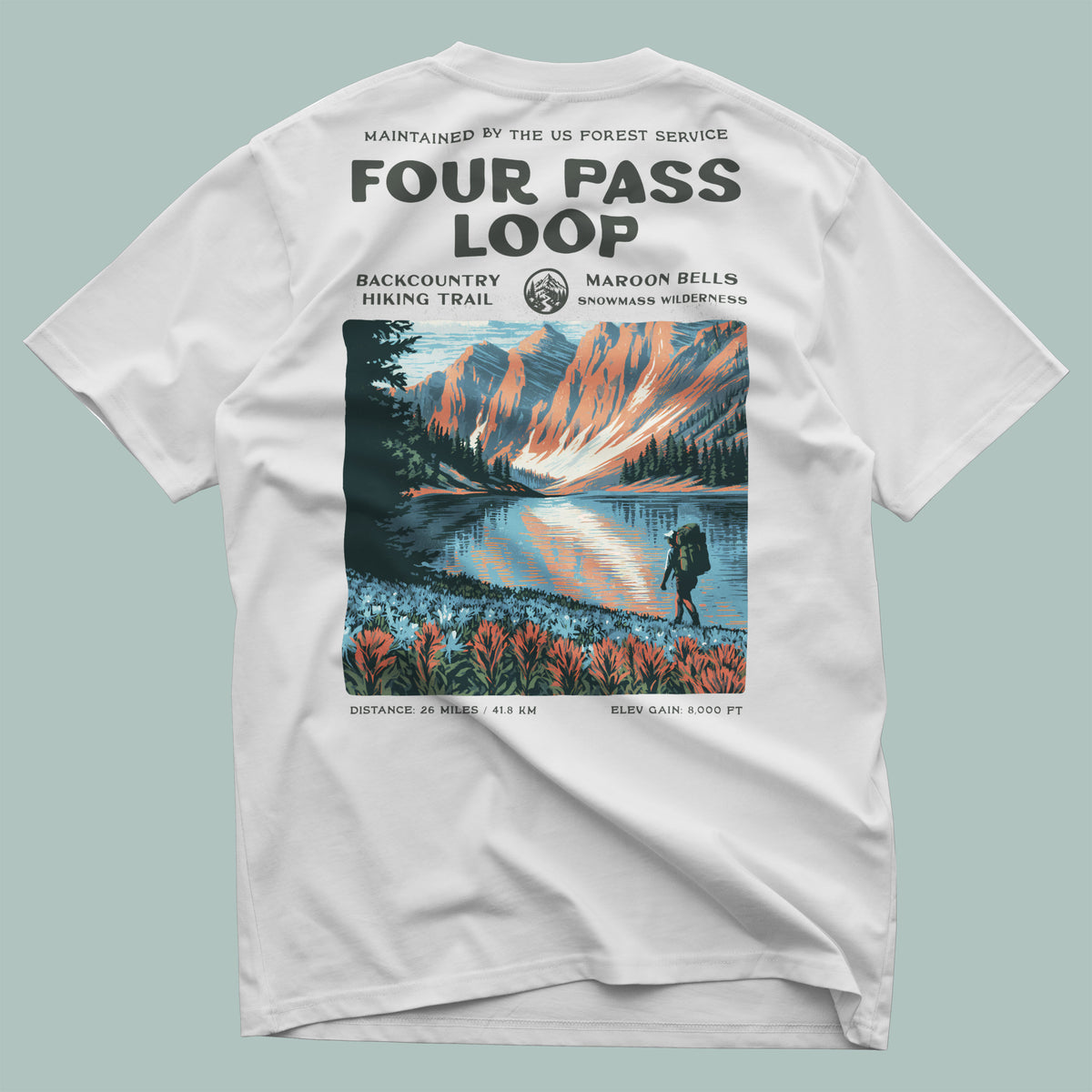 Four Pass Loop Hiking T-Shirt | Hiker Gift | Maroon Bells Wilderness Tee — design printed on the back of the t-shirt