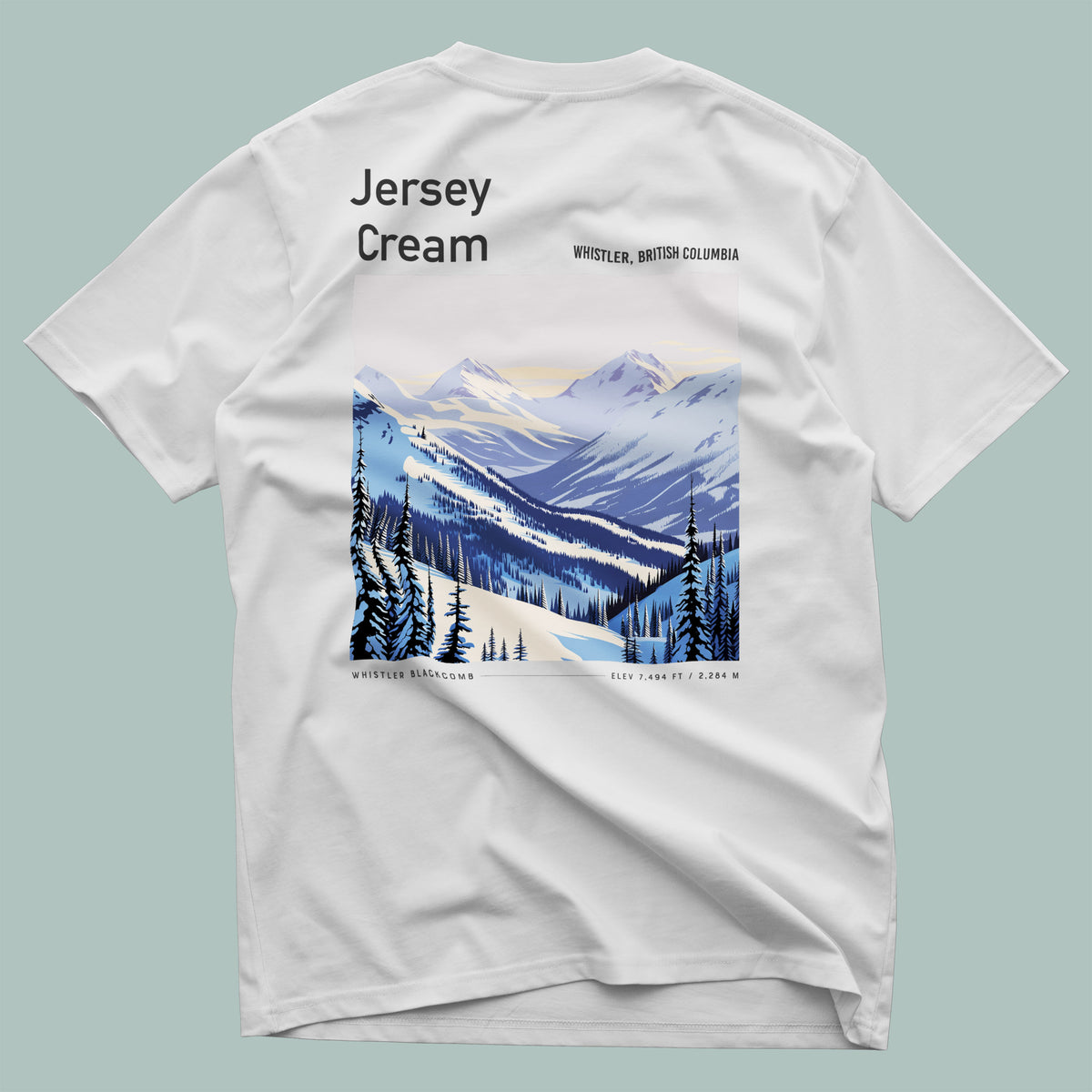 Jersey Cream Ski T-Shirt | Whistler Blackcomb Mountain Art Tee — design printed on the back of the t-shirt