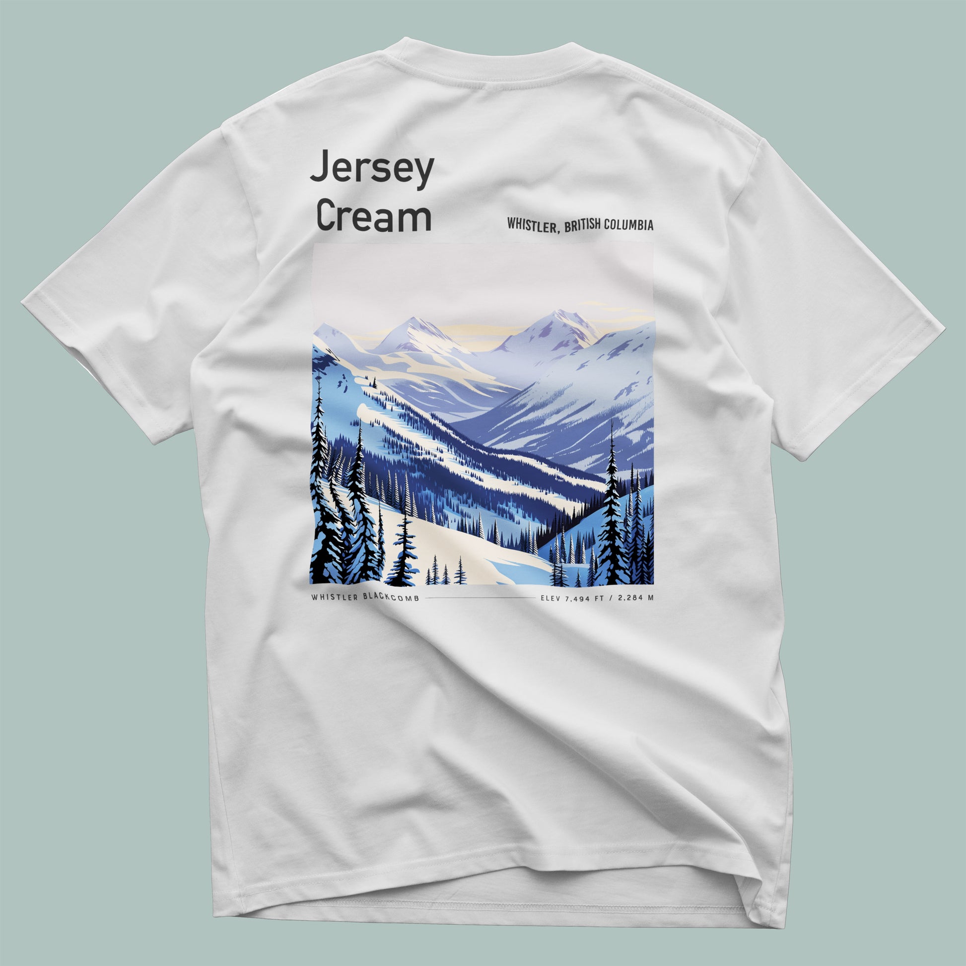 Jersey Cream Ski T-Shirt | Whistler Blackcomb Mountain Art Tee — design printed on the back of the t-shirt