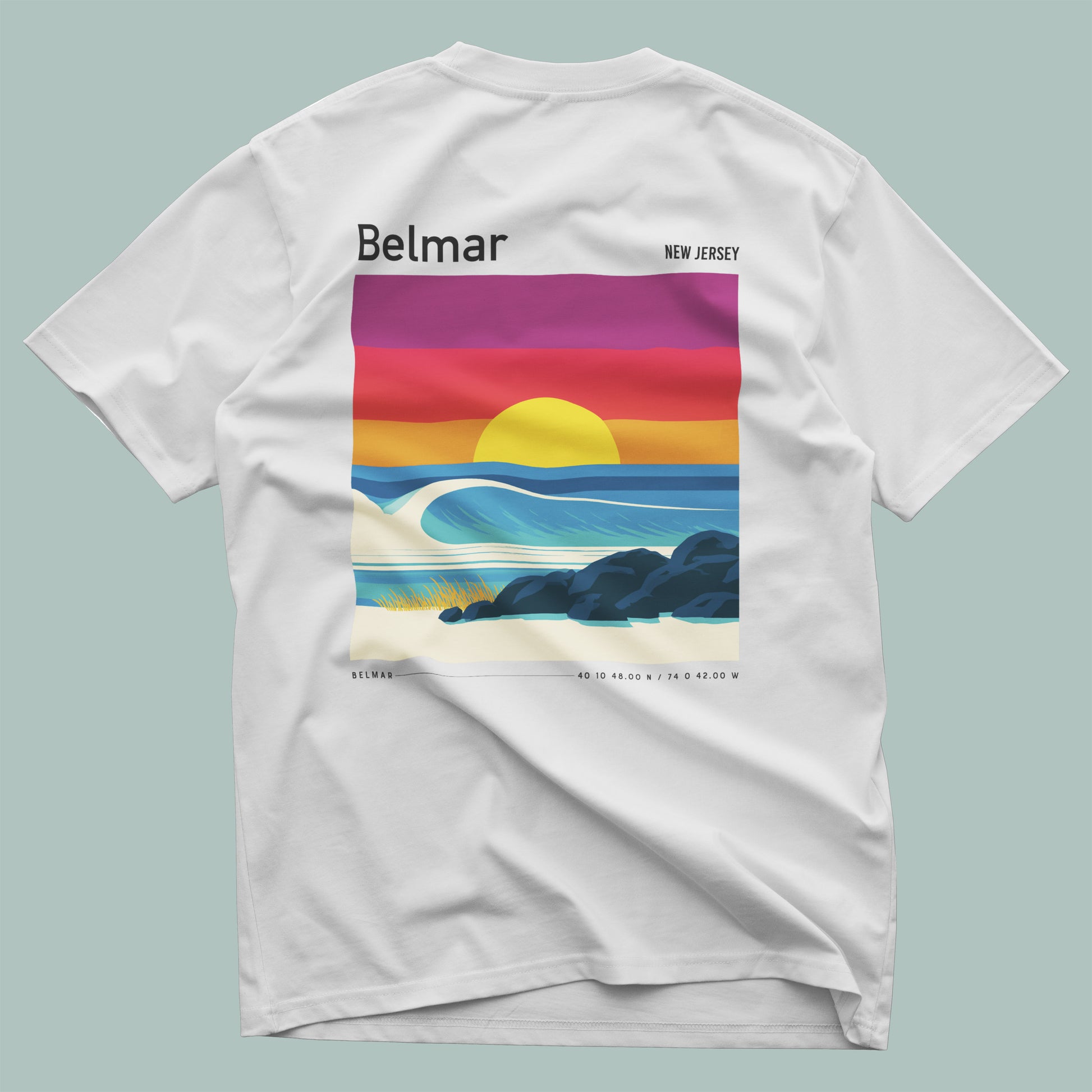 Belmar, New Jersey Surf T-Shirt | Jersey Shore Wave Art Tee — design printed on the back of the t-shirt