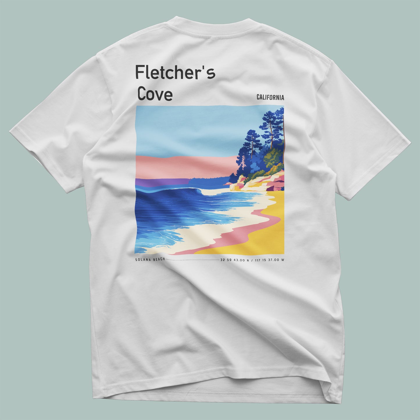 Fletcher's Cove Surf T-Shirt | Coastal Wave Art Tee — design printed on the back of the t-shirt