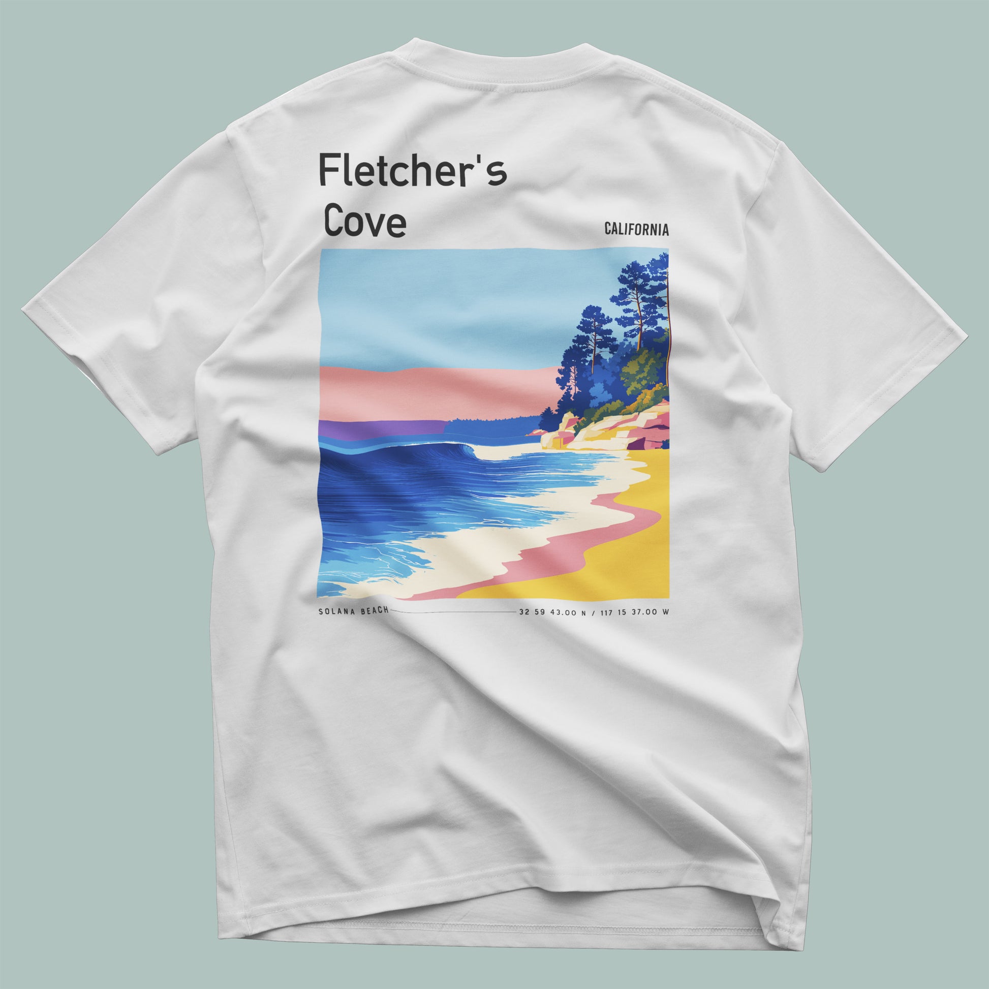 Fletcher's Cove Surf T-Shirt | Coastal Wave Art Tee — design printed on the back of the t-shirt