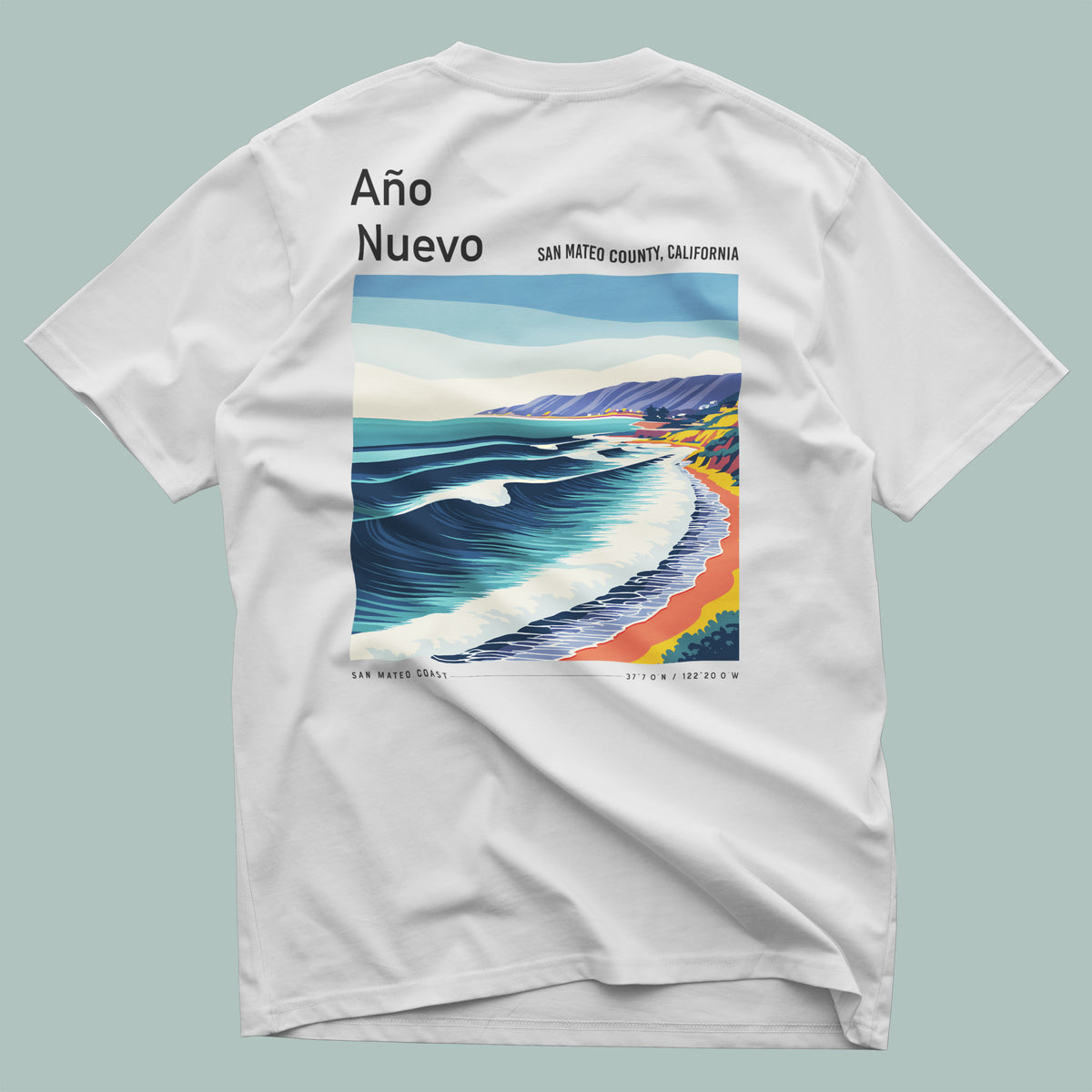 Año Nuevo Surf T-Shirt | Wild Coast Wave Art Tee — design printed on the back of the t-shirt