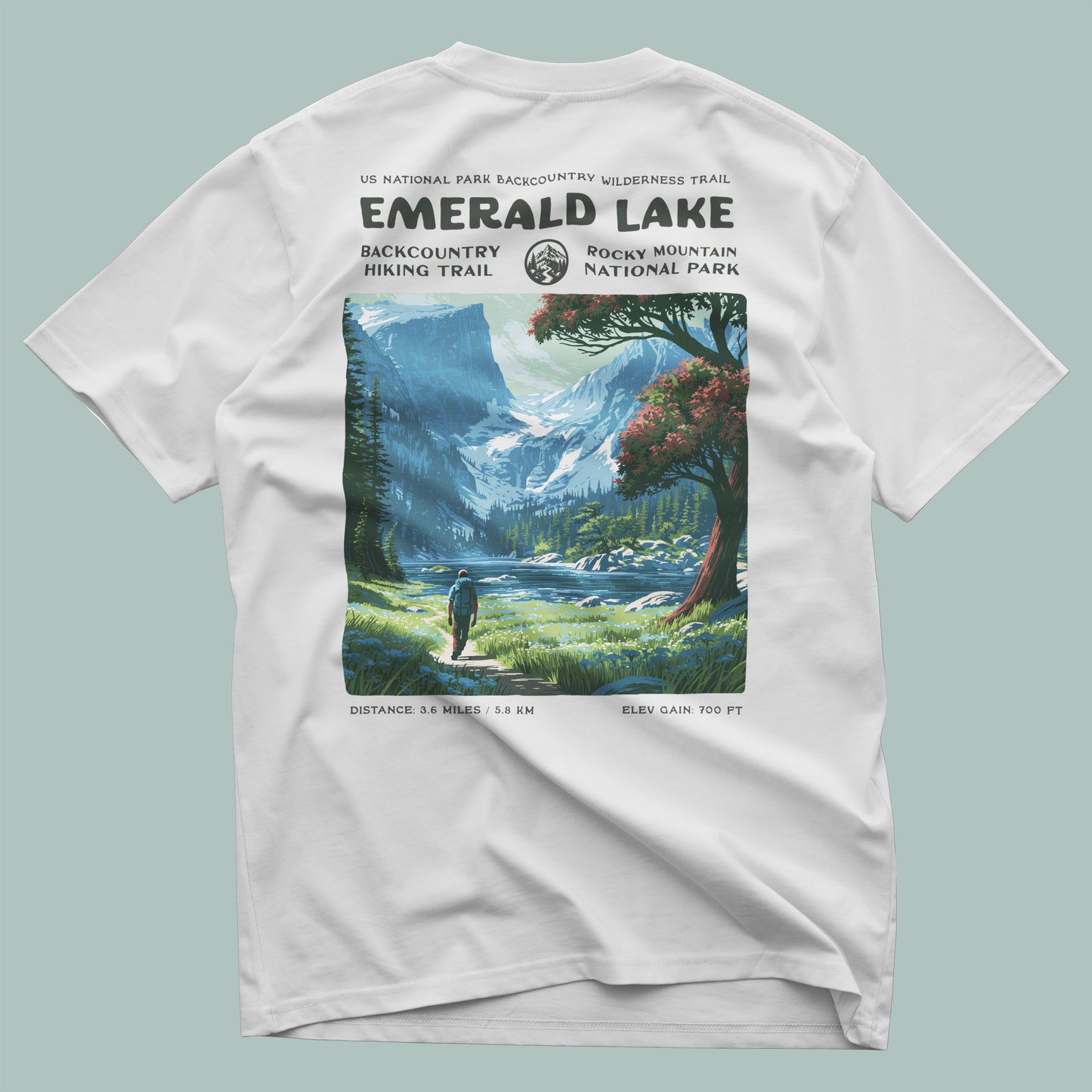 Emerald Lake Hiking T-Shirt | Hiker Gift | Rocky Mountain Trail Tee — design printed on the back of the t-shirt