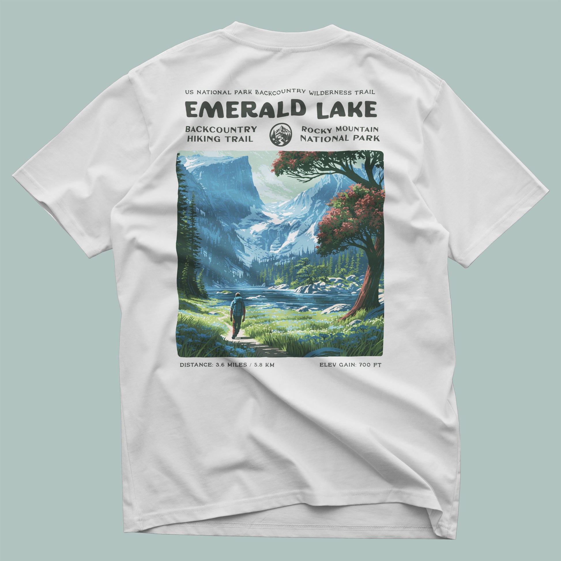 Emerald Lake Hiking T-Shirt | Hiker Gift | Rocky Mountain Trail Tee — design printed on the back of the t-shirt