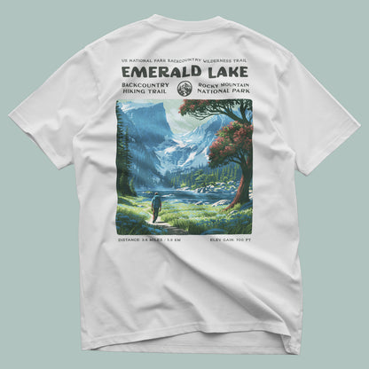 Emerald Lake Hiking T-Shirt | Hiker Gift | Rocky Mountain Trail Tee — design printed on the back of the t-shirt