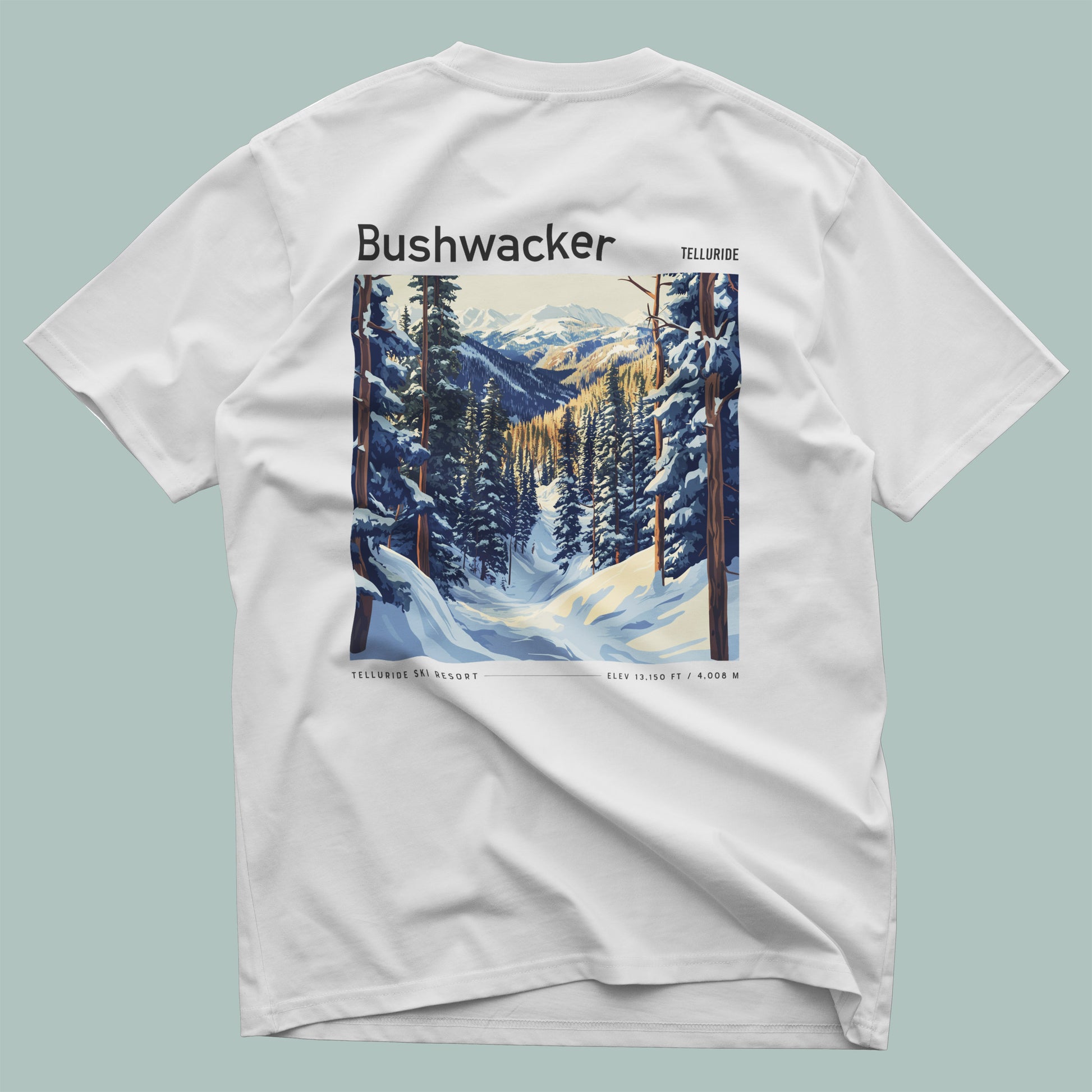 Bushwacker Ski T-Shirt | Telluride Mountain Art Tee — design printed on the back of the t-shirt