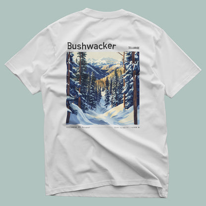 Bushwacker Ski T-Shirt | Telluride Mountain Art Tee — design printed on the back of the t-shirt