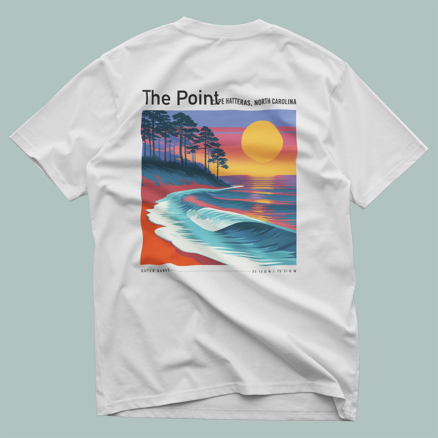 The Point, North Carolina Surf T-Shirt | Outer Banks Wave Art Tee — design printed on the back of the t-shirt