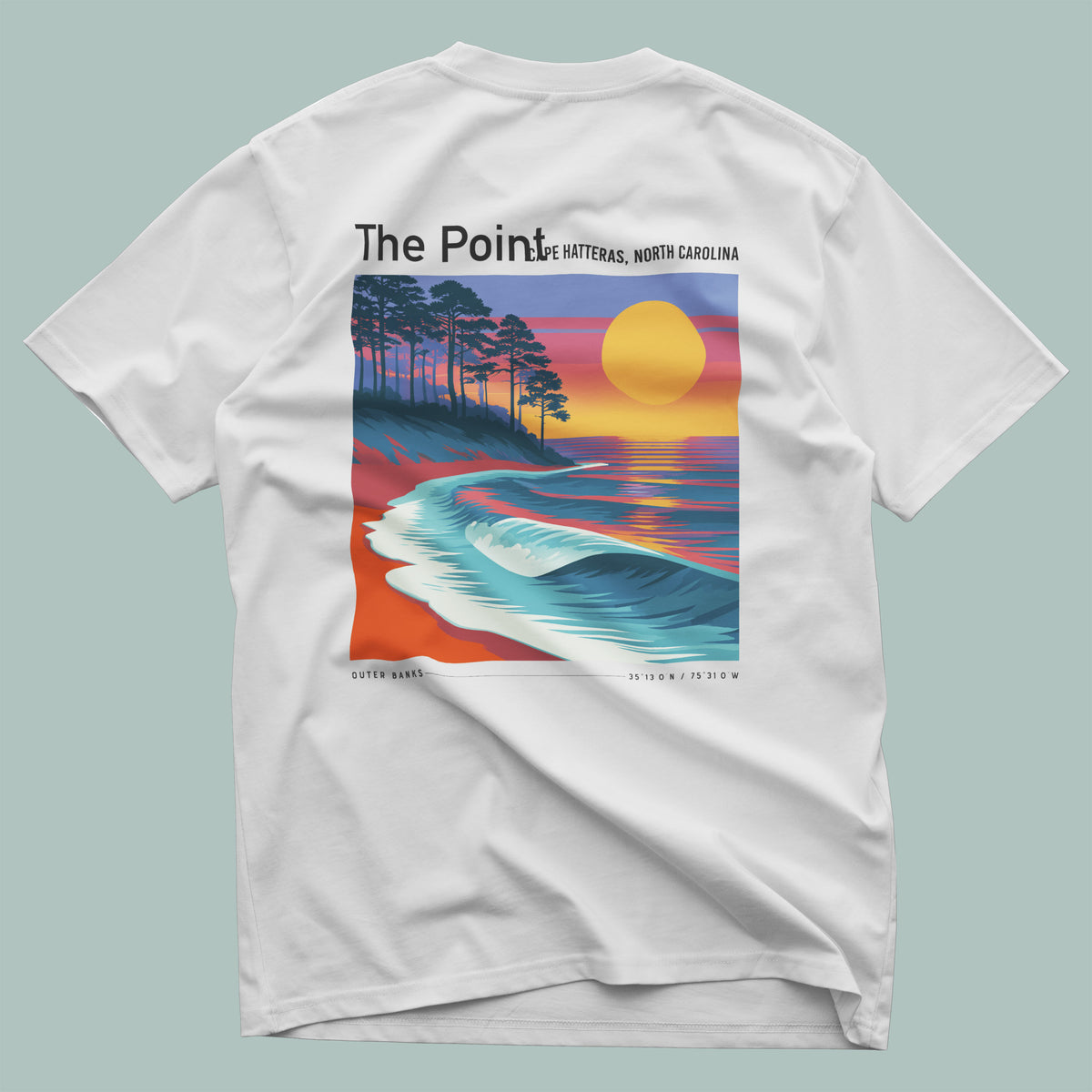 The Point, North Carolina Surf T-Shirt | Outer Banks Wave Art Tee — design printed on the back of the t-shirt