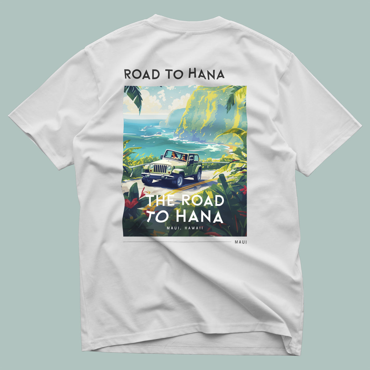 Road to Hana Travel T-Shirt | Maui Rainforest Drive Art Tee — design printed on the back of the t-shirt