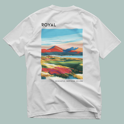 Royal County Down Golf T-Shirt | Wild Irish Links Course Tee — design printed on the back of the t-shirt